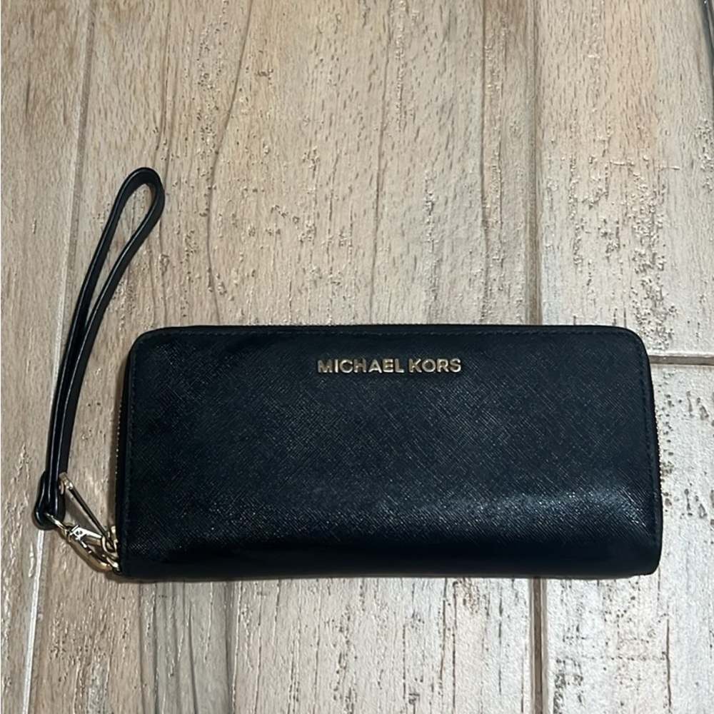 New Michael Kors Black Wristlet with Gold Logo